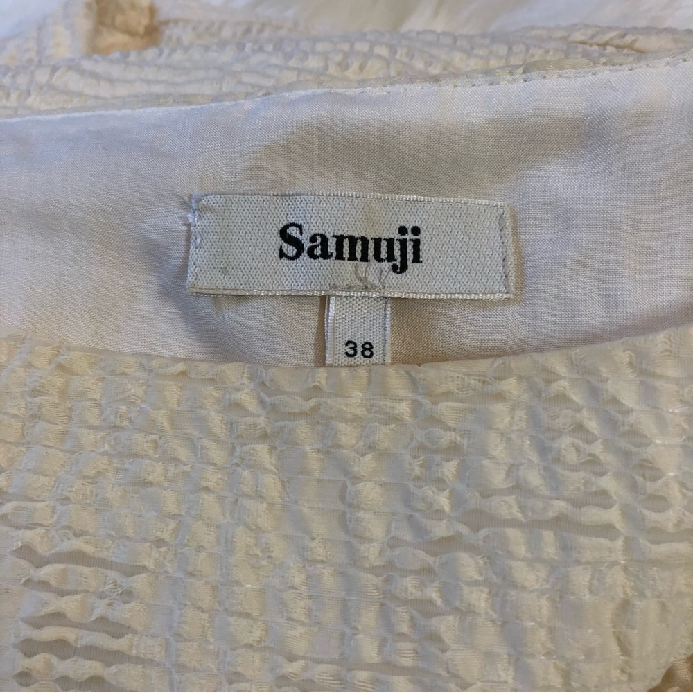 Samuji ivory ecru textured and lined flounced bell sleeve shirt dress 38